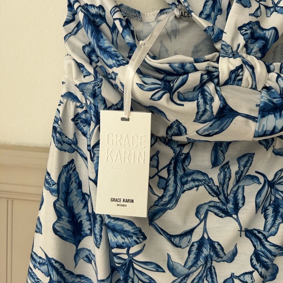 ⭐️ NEW Grace Karin Small Criss Cross Halterneck Blue White Flowy Maxi Dress - Picture 5 of 10